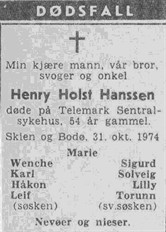 1974.10.31 - Dødsannonse Henry Holst Hanssen 2.2.4 - grey
